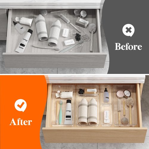 Lifewit 6 Pcs Large Bathroom Drawer Organizers, 3 Sizes Clear Plastic Storage Organizer Trays for Make Up, Kitchen Utensils, Vanity Accessories in Bathroom/Office/Dresser Organization