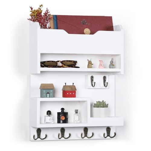 HEKFL Key Holder for Wall, Mail and Key Holder with Key Hooks, Mail Organizer Wall Mounted for Home Decor, White
