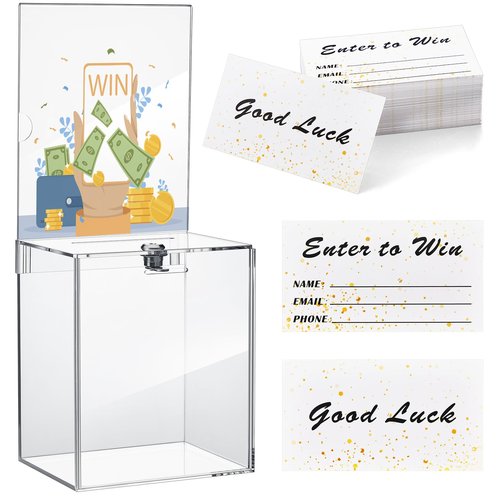 Teling Tall Acrylic Donation Box with Lock and Sign Plate Safe Suggestion Box with 100pcs Raffle Tickets Cards for Raffle, Money, Voting, Charity, Suggestion (Transparent, 6.7 x 5 x 8 Inch)