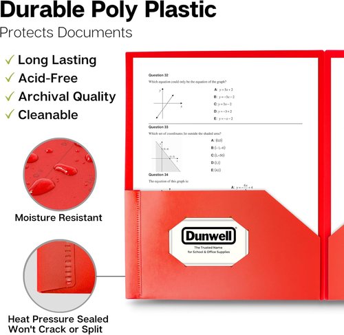Dunwell Plastic Folders - Durable 2 Pocket Poly Folders with Removable Labels | Red, 3 Pack for School & Office