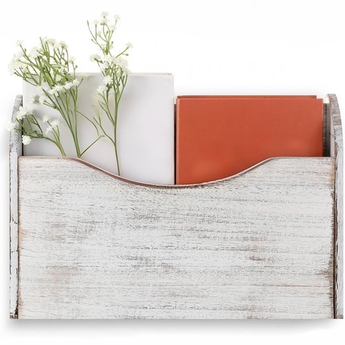 Suzile Wall Mounted File Holder Wood Magazine Holder Wall Hanging File Organizer for Office Mail Magazine Letter Paper Folder Organization(White)