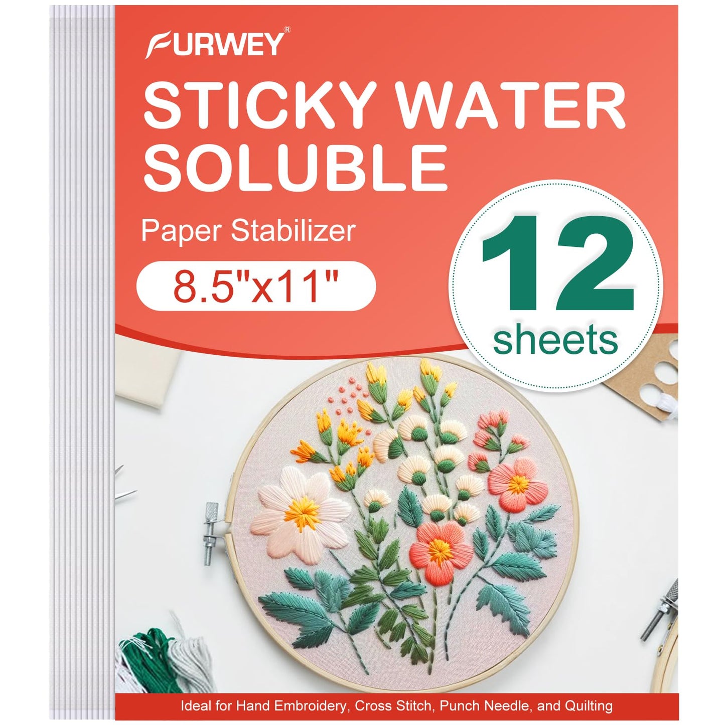 FURWEY 12PCS 8.5"x11" Wash Away Embroidery Stabilizer – Self Adhesive & Printable, Water Soluble Paper for Hand and Machine Use
