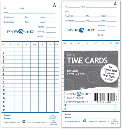 Pyramid Time Systems - Authentic Time Cards for Pyramid Models 2500, 2500K1, 2600, 2650 | Double-Sided Sheets (3.38 x 7.44 in) - 100 Blue/Green Cards
