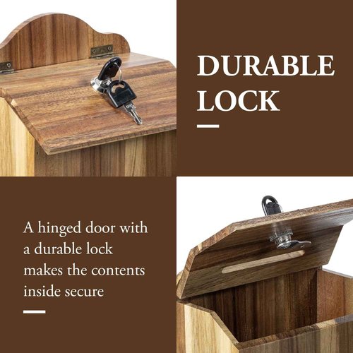 MyGift Premium Solid Acacia Wood Suggestion Box, Wall Mountable Feedback Collector with Black Cursive "Suggestions" Lettering, Comment Card Slot, Pen Holder, Top Lock and Keys