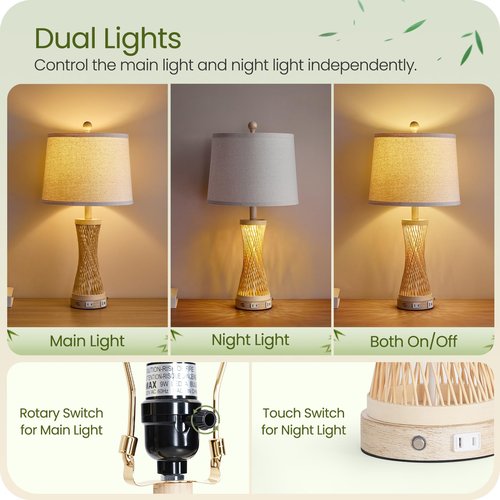 24.4” Farmhouse Rattan Table Lamps Set of 2, Touch Bedside Lamps for Bedroom with 3-Way Dimmable Night Light, USB A+C Charging Ports, Bamboo Boho Nightstand Lamp with Cream Linen Shade(Bulbs Included)