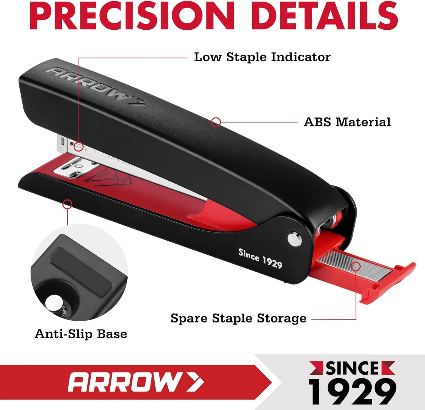 Arrow Full-Strip Stapler - 25 Sheets Capacity with 2520 Count Staples | Built-In Storage & Non-Slip Design