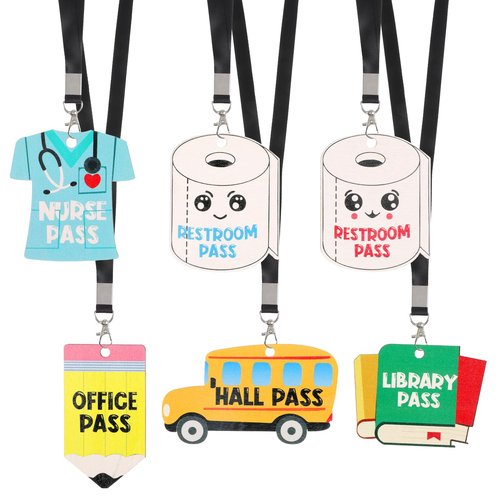 6 Sets Hall Pass Lanyards and School Passes Set,Unbreakable Wooden Passes,Cute Classroom Pass for School Classroom Hall Restroom Bathroom Library Office Nurse Teacher Supplies