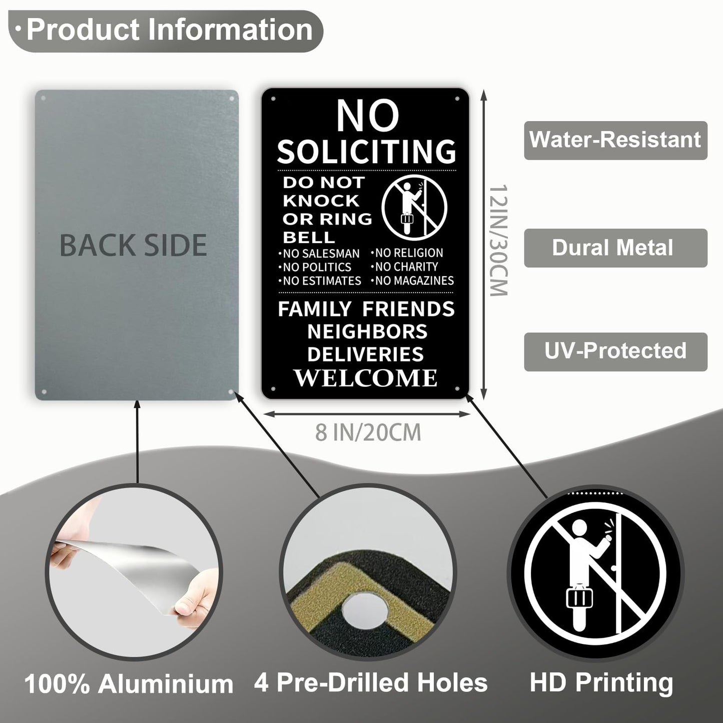 No Soliciting Sign for House Front Door,8 x 12 Inches -Aluminum- Do Not Knock or Ring Doorbell Family Friends Neighbors Deliveries Welcome No Silication Solicitors Soliciting Sign for Front Door Home House