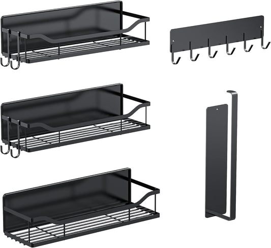 Skiennix Magnetic Spice Rack - Multifunctional Shelf for Metal Surfaces | Includes Paper Towel Holder (5 Pcs - Black)