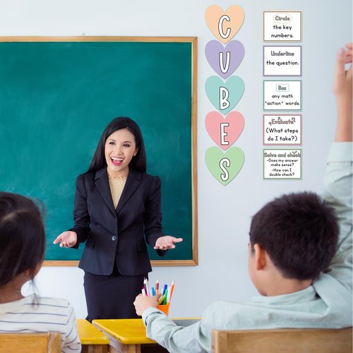 Mooliwe 10 Pcs Math Bulletin Board Set for Classroom Cubes Math Poster Back to School Bulletin Board Keywords Paper Cutouts Problem Solving Poster for 2025 New School Years Wall Elementary Preschool