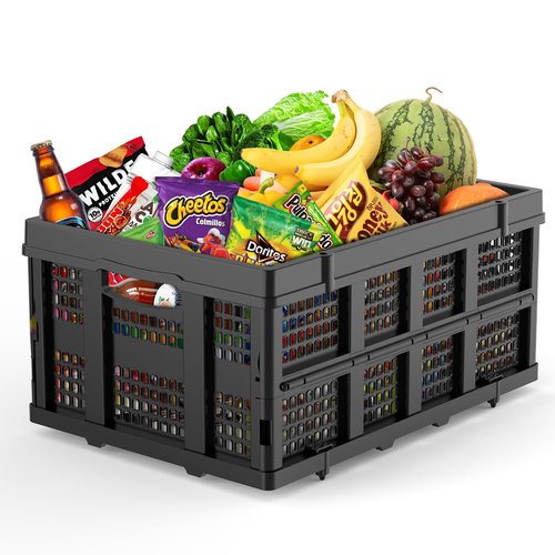 TOOLIOM 50L Collapsible & Stackable Plastic Storage Crates with Handles, Black Folding Shopping Basket, Folding Storage Bin