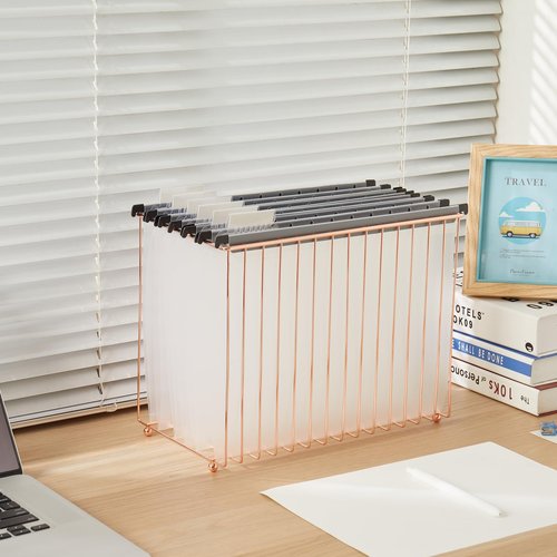 Fei Bi Hanging rose gold file manager, equipped with 12 letter sized plastic hanging folders, file baskets, file boxes, storage boxes, office and study supplies, transparent