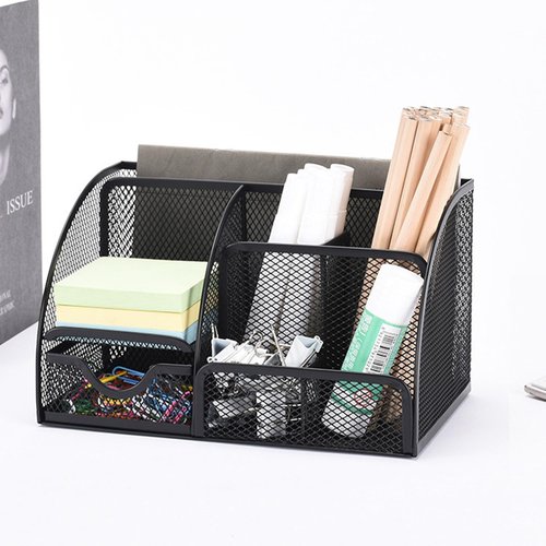 Rkqoa Black Mesh Pen Holder and Organizer Office Supplies with 7 Compartments, Desktop Organizer with Drawer, Metal Pen Holder for Desk, ‎9.1" x 5.9" x 5.5''