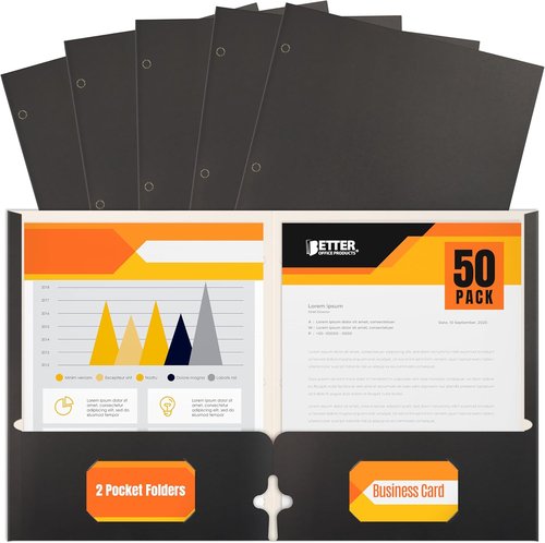 Better Office Products | Two Pocket Portfolio Folders - 50 Pack, Letter Size, Black Color