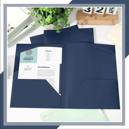 Henoyso 60 Pcs Plastic Folders with Clear Front Pockets Heavy Duty File Folders with 2 Pockets and Card Slot for Student Communication School Office (Navy Blue)