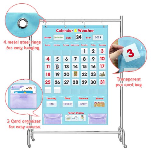 Educational Calendar and Weather Pocket Chart Set for Kids - Classroom Learning Tool with 147 Double-Sided Cards,Daily Routine Tracker for Preschool to Elementary (Light Blue)