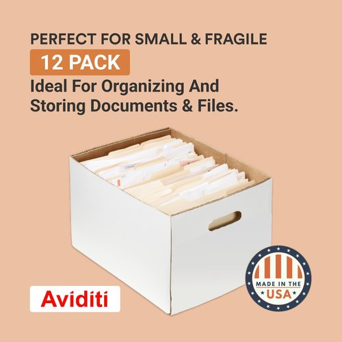 Aviditi File Storage Boxes with Lids 15" L x 12" W x 10" H, Pack of 12 | Letter or Legal Size Files, Cardboard Box with Handles for Bank, Office, Home, Tape Free Assembly, White 15x12x10