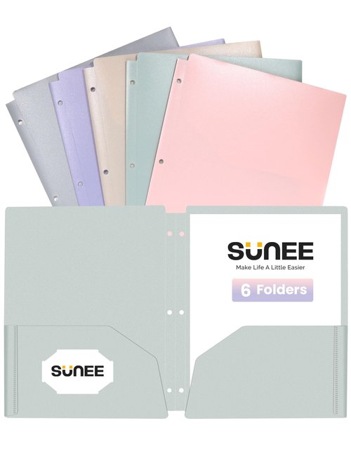 SUNEE 3 Hole Pocket Folders (6 Pack, Pastel Color), Plastic Pocket Folders for 3 Ring Binder, 3-Hole Punched Folders with Pockets, for Kids, Students, Teachers, Office Staff