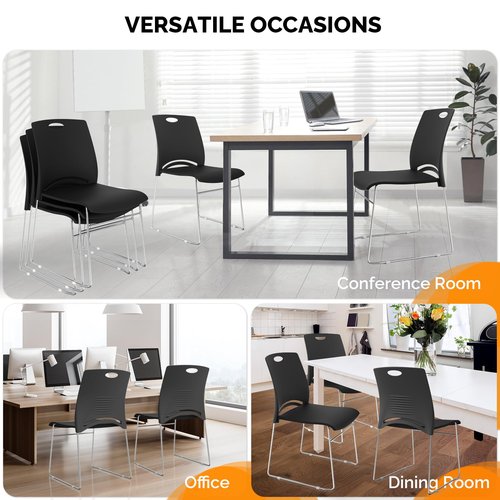 VINGLI Stacking Chairs Set of 4 Stackable Office Chairs with Metal Sled Base, Ergonomic Plastic Seat, Stacking Chairs for Waiting Room Break Room Banquet Guest, Black