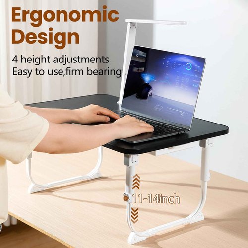 Laptop Desk for Bed Lap Desk with LED Desk Light, Adjustable Tablet Bed Table with Foldable Legs Storage Drawer, Breakfast Serving Tray Folding Laptop Stand Reading Holder for Sofa Couch Floor (BLACK)