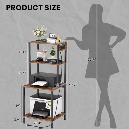Printer Stand with Charging Station, 49" Tall 4-Tier Printer Stand with Storage, Large Printer Table for Home Office, Kitchen, Living Room, PrinterCart Beside Desk for Printer, Scanner (Rustic Brown)