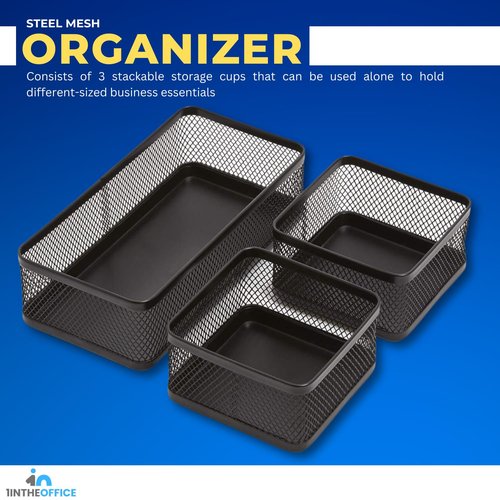 1InTheOffice Desk Baskets and Organizers Tray, Black Mesh Tray, Black Wire Mesh, 3-Compartment Stackable