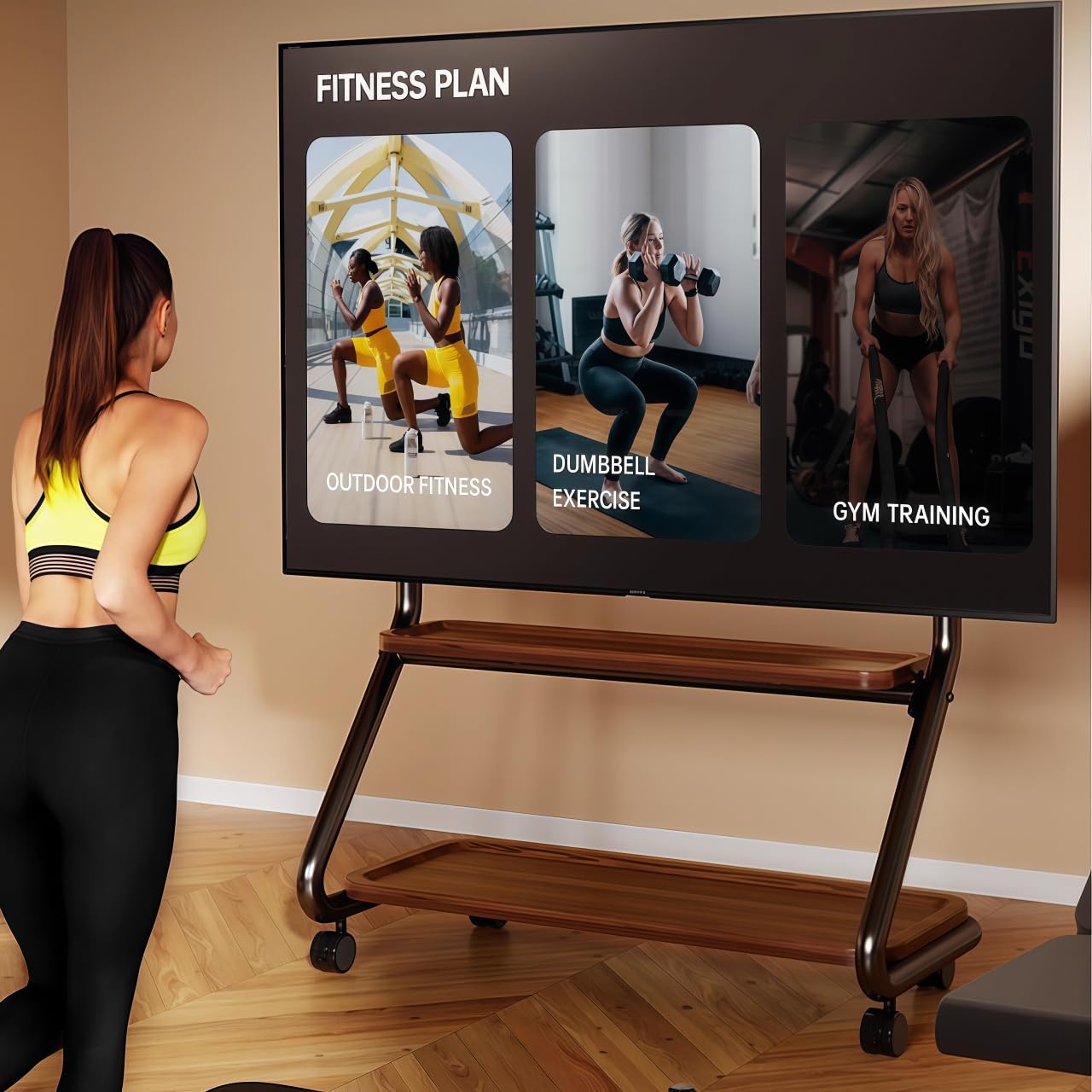 Hovadova Easel Rolling TV Stand with Wheels - 32"-75" TVs, Heavy Duty Floor TV Mount with 2-Tier Storage Shelf & Hole Platform, 110lbs Capacity for Living Room/Bedroom
