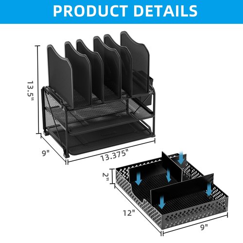 Simple Trending Mesh Desk File Organizer, Office Supplies Desktop Storage with Sliding Drawer, Double Tray and 5 Upright Section Sorter Organizer, Black