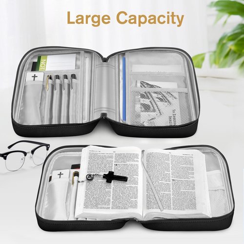 FINPAC Bible Cover, Carrying Book Case Church Bag Bible Protective with Handle and Zippered Pocket, Gift for Mother Lady Women Men, Black