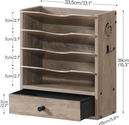 HOOBRO Wall File Organizer - Stylish Wooden Mail Sorter with Drawer Storage & Hooks | Greige Finish