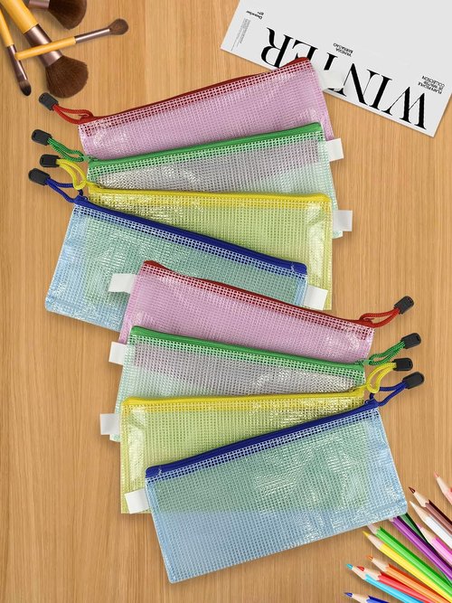 8 Pcs Zipper File Bags, Waterproof Plastic Mesh Pouch for Office Famil, Waterproof Clear Travel Pouches,Board Game Storage Bags (A6 Size 7.6''x5.3'', Multicolored)