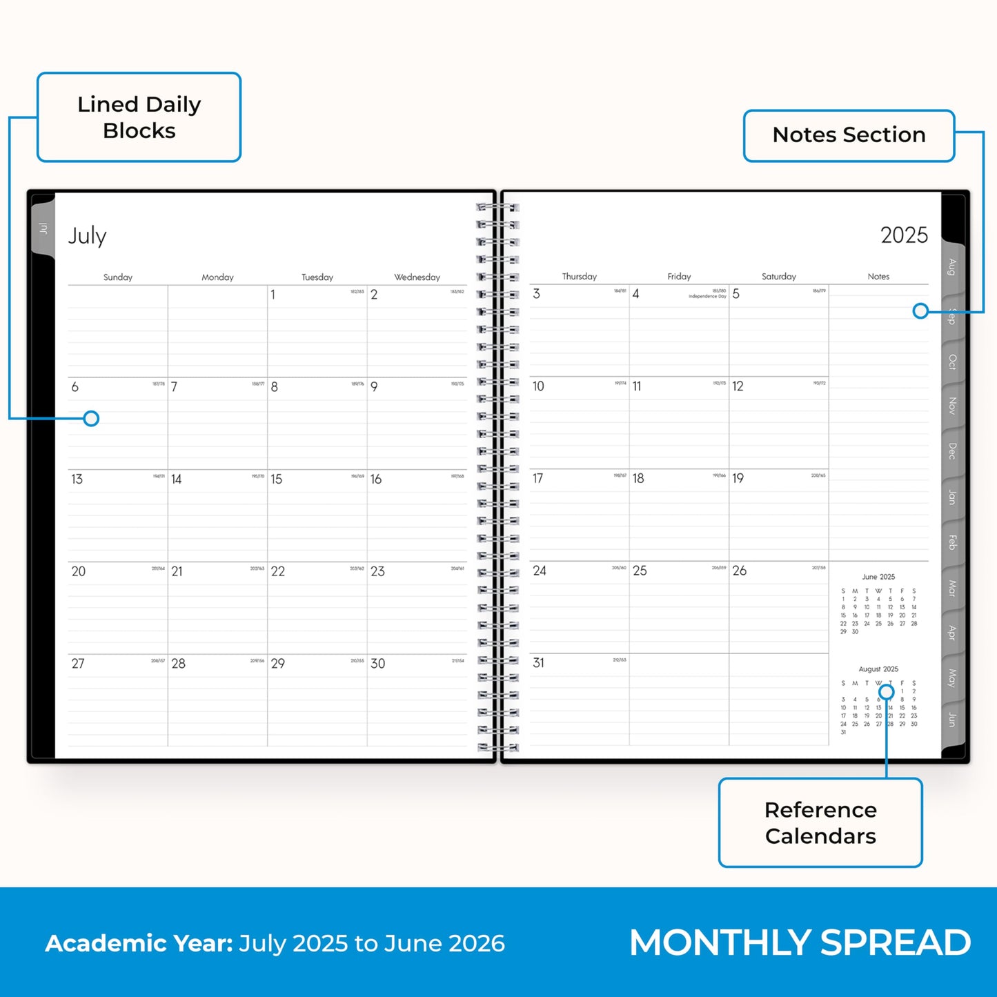 Blue Sky 2025-2026 Weekly and Monthly Academic Year Planner Calendar, July - June, 8.5" x 11", Flexible Cover, Wirebound, Laminated Tabs, Storage Pocket, Enterprise