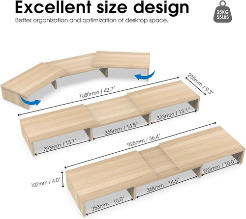 FITUEYES Dual Monitor Stand - Adjustable Wood Desktop Riser with 3 Shelves | Medium Oak Finish