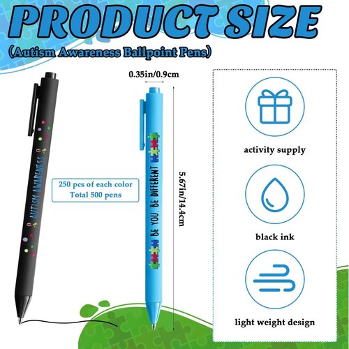 Jetec 500 Pcs Autism Awareness Pens Bulk Inspirational Retractable Mental Health Ballpoint Pens Autism Acceptance Gifts Puzzle Asperger's Awareness Gift for Classroom Office Stationery Supplies
