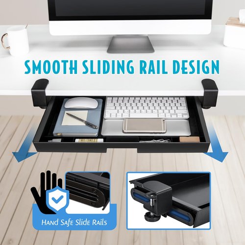 EHO Under Desk Slide-Out Storage Drawer, Large 20"x11.8" Pull-Out Organizer with Smooth Sliding Rail, Adjustable C-Clamp Mount, Black Tray for Home Office & Standing Desk