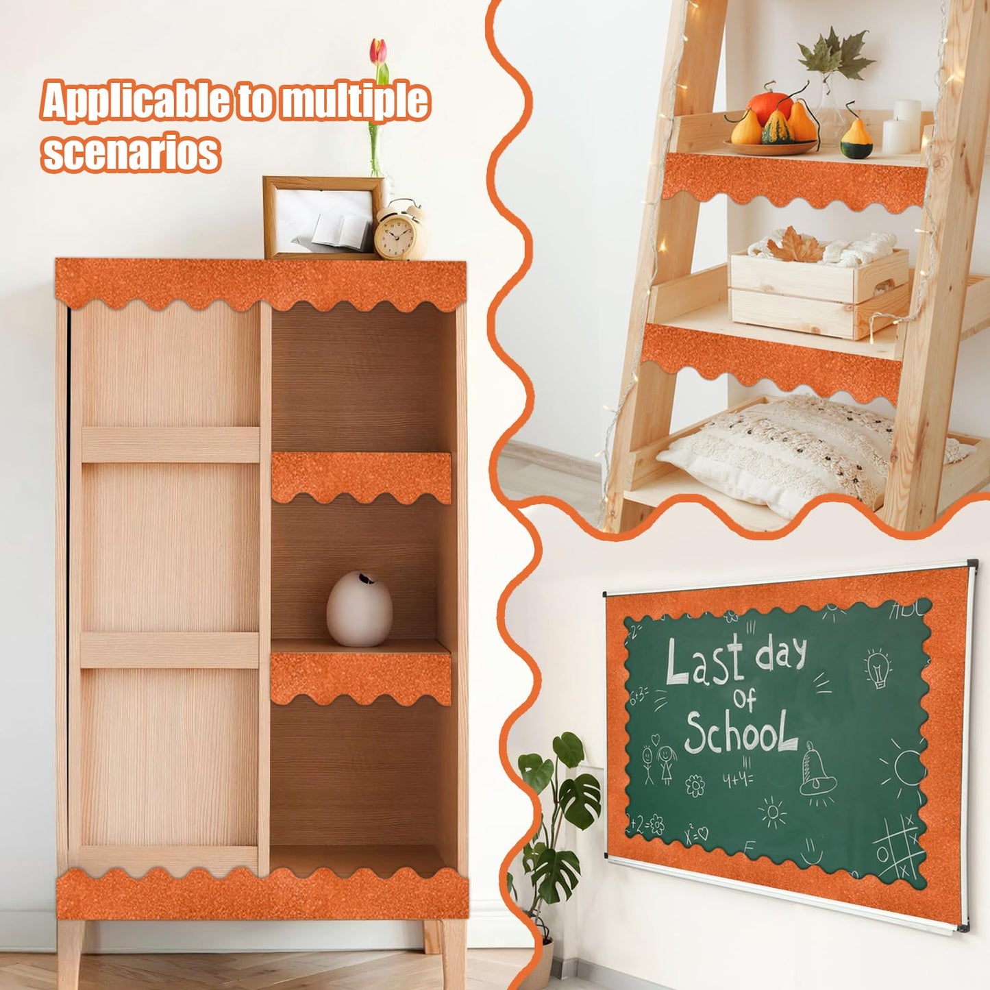KAVOZM 70Ft Shine Orange Bulletin Board Borders，Scalloped Poster Boards Decorations Trim for Classroom, School, Office, Home, Wall Decoration Strips