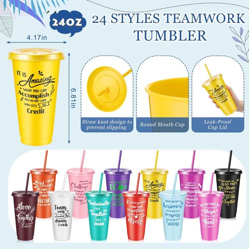 Hollowfly 96 Pcs Team Appreciation Gifts for Employee 24 oz Inspirational Plastic Cups Bulk with Lid and Straw Notebooks Ballpoint Pens Keychain Set Thanksgiving Christmas Gifts (Colorful)