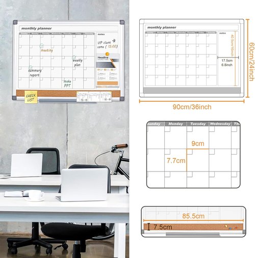 MAKELLO Dry Erase Calendar - Large 36" x 24" Wall Whiteboard with Cork Board for Home & Office