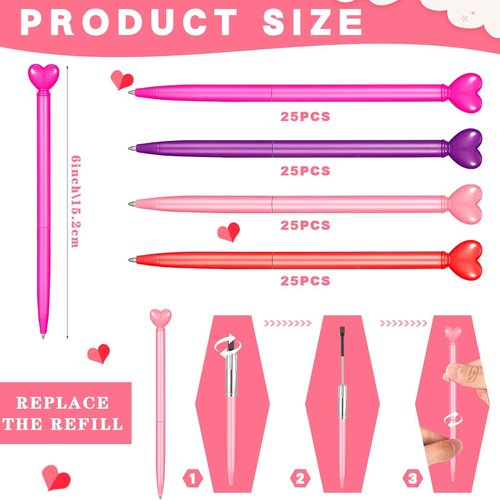 100 Pcs Valentine‘s Day Heart Shaped Ballpoint Pens Retractable Metal Ballpoint Pen with Black Ink Party Favor for Office School Classroom Valentine‘s Day Wedding Party Supplies, 4 Colors