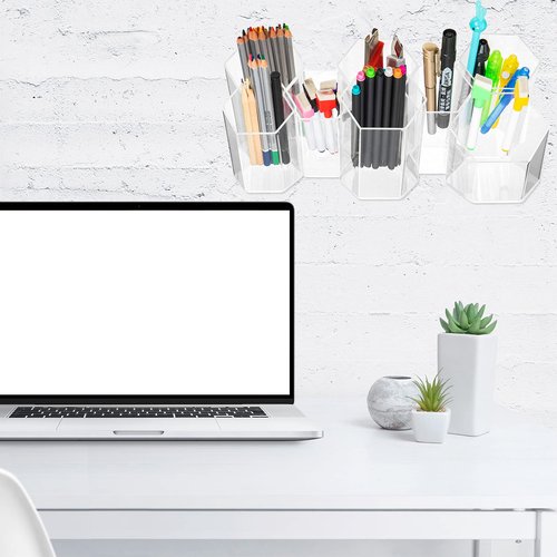 Jetec 12 Pieces Acrylic Office Desk Organizer, Hexagonal Transparent Clear Wall-Mounted Stationery Storage Box, Pencil Organizer Desktop for School Office Supplies