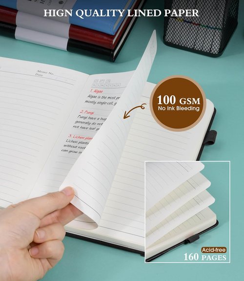 Ansopu Lined Journal - A5 Leather Hardcover Notebook with 100 GSM Thick Paper | 160 Pages, Black