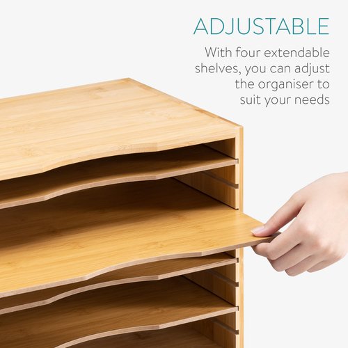Navaris Bamboo Desk File Organizer - Paper Tray Letter Storage with 4 Adjustable Shelves - Desktop Inbox Trays - 13" Wide x 9.6" Deep x 10.2" High
