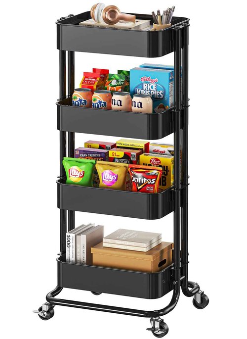 Pipishell 4 Tier Metal Rolling Utility Cart, Heavy-Duty Storage Rolling Cart with 2 Lockable Wheels, Multifunctional Mesh Organization Utility Cart for Kitchen Dining Room Living Room, PIUC13B