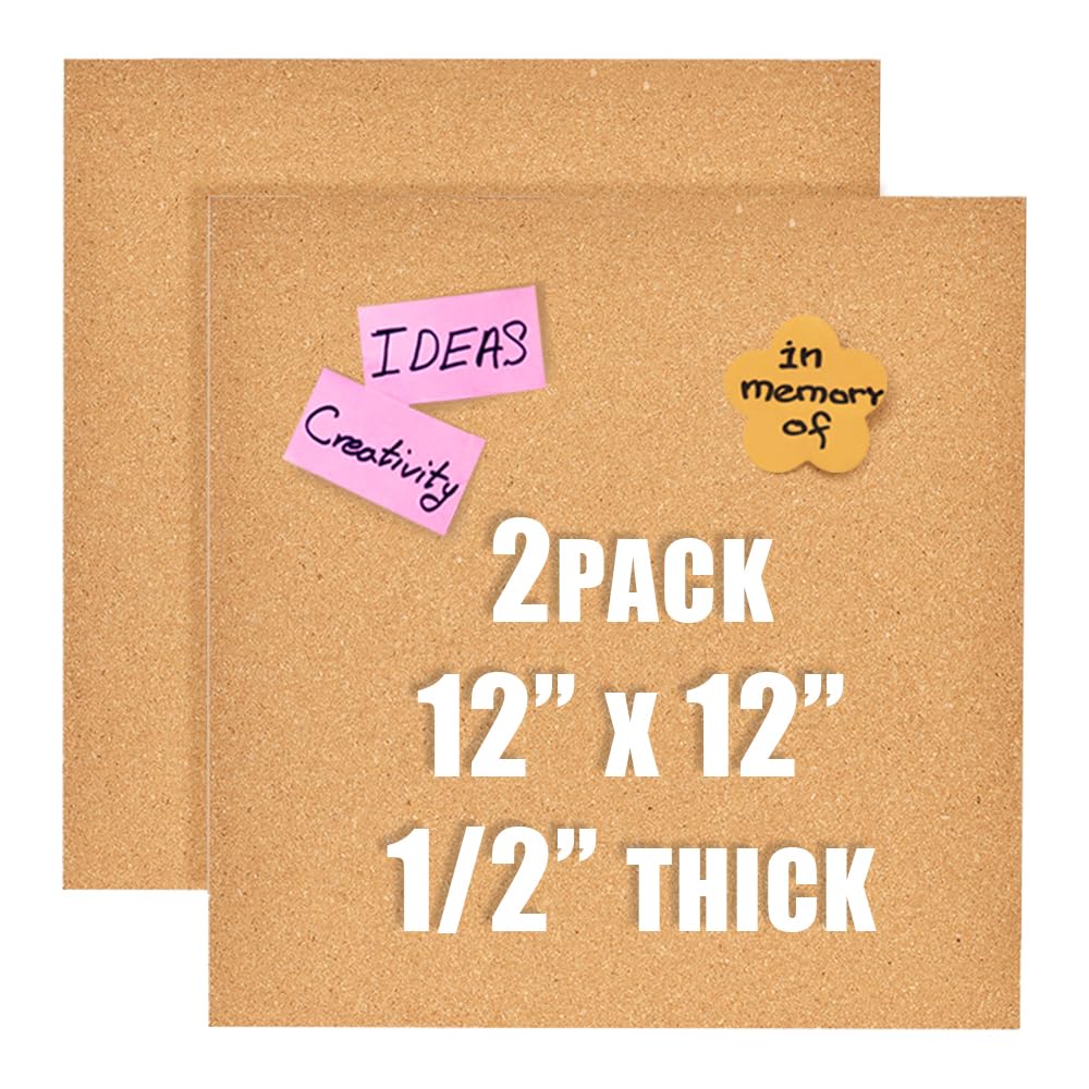 Aitakatta 12x12 Cork Board Tiles Bulletin Board, 1/2" Thick Small Square Cork Boards for Walls, Self-Adhesive Cork Tiles for Home, Office, School, Bulletin Board Decorations(12mm,2pc)