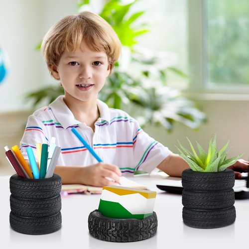 Humyoun 3 Pcs Tire Shaped Planter Pen Holder and Tire Business Card Holder Set Pencil Succulent Cactus Planter Pot for Desk Home Office Accessories Organizer