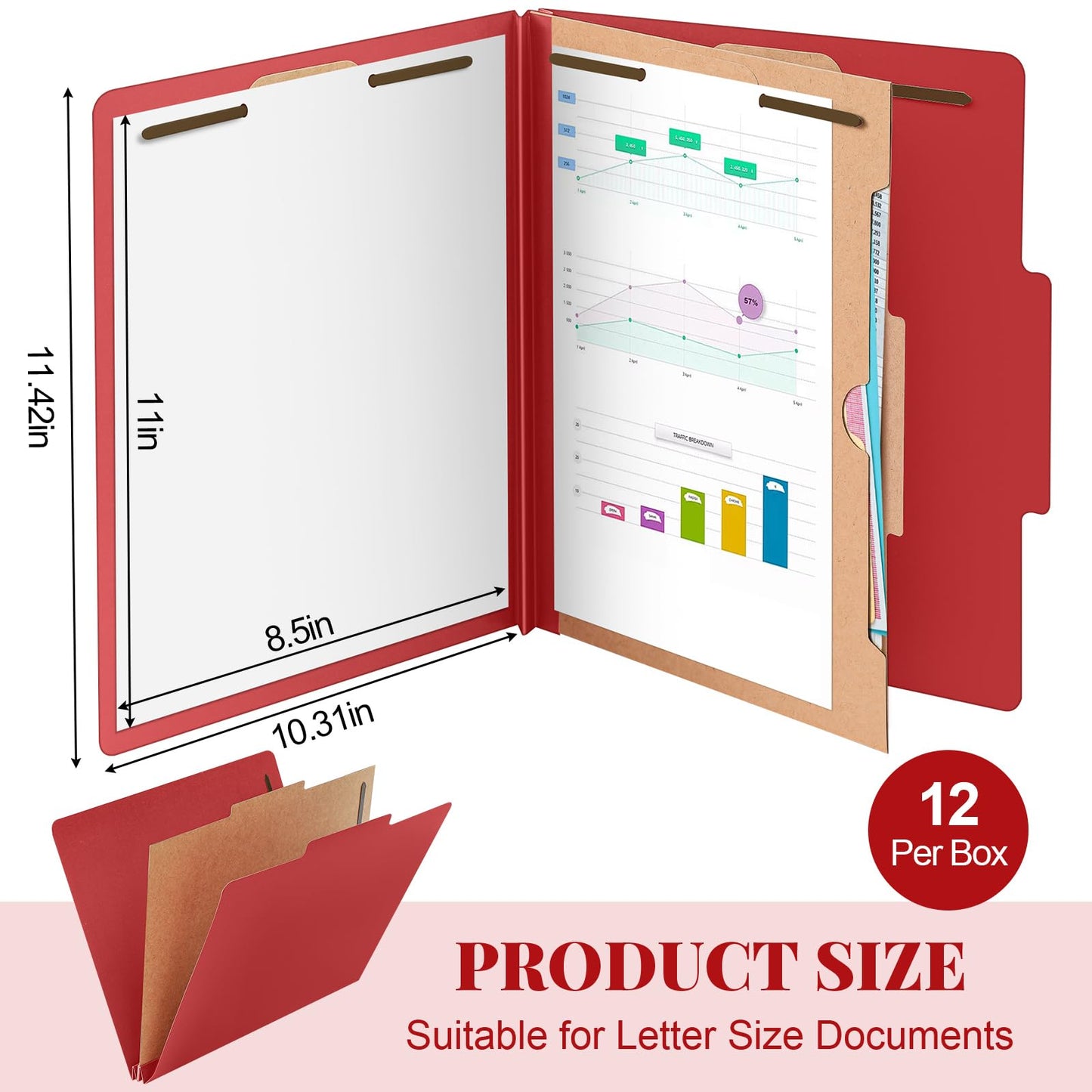 Skyygemm 12 Pcs Classification Folders 3 Pocket Dividers Letter Size Employee File Folder with 2 Prong Fasteners 2 in Expansion Pressboard Medical Document Organizers Bulk for School Office(Red)