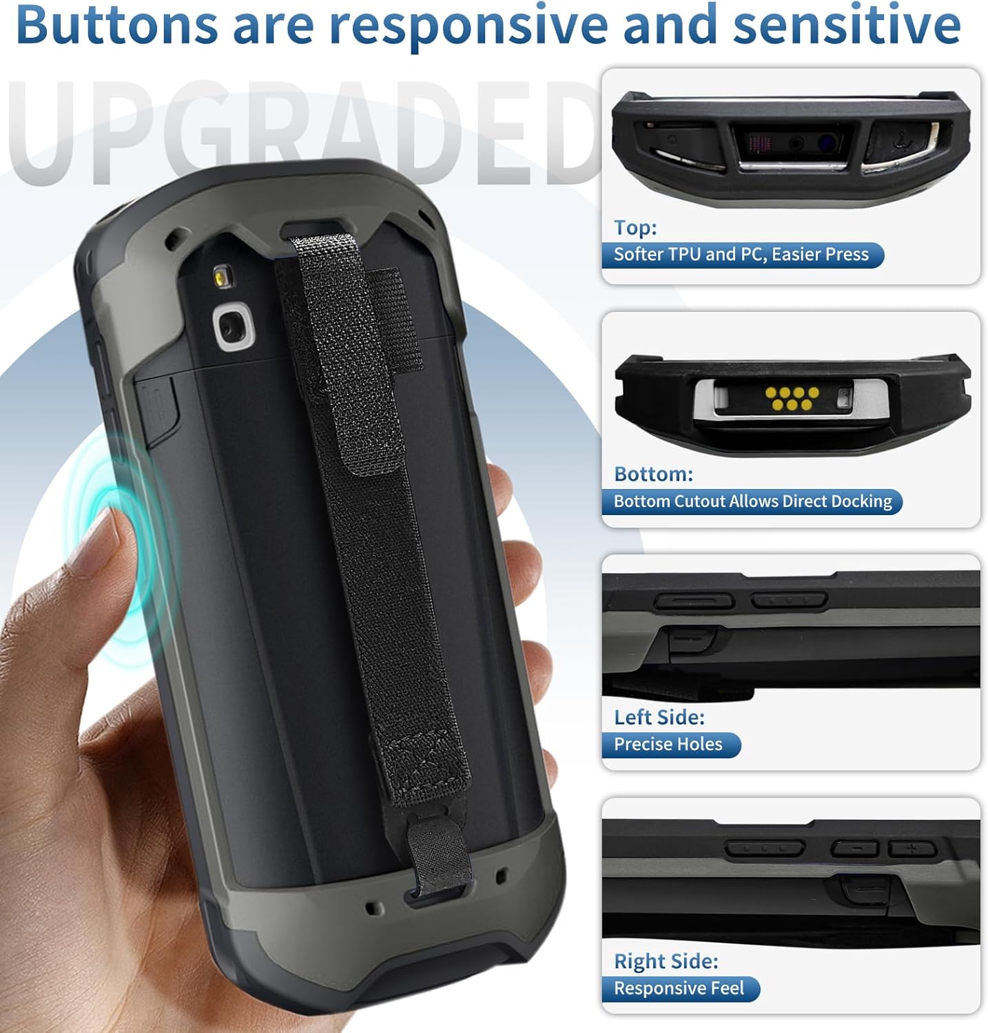 Zebra Protective Case Cover - Rugged Boot with Hand Strap & Tempered Glass for TC51/TC52/TC56/TC57 (Black)