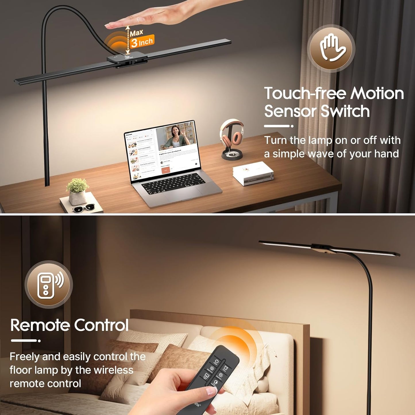 Syrinx LED Floor Lamp - 18W 2000LM Bright Reading Light with Gesture & Remote Control | Dimmable Dual Head Design