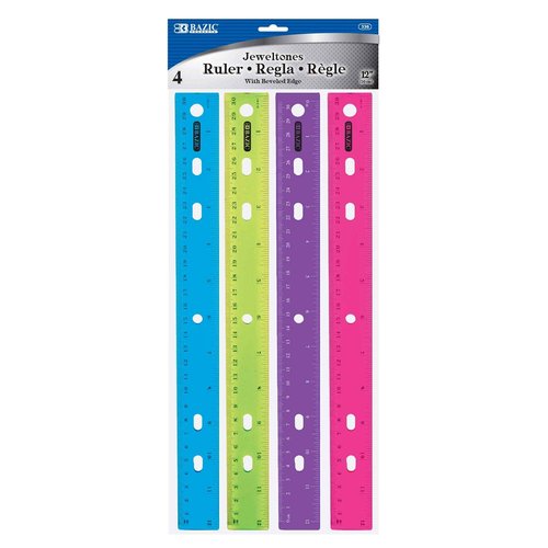 BAZIC Products Jeweltones Color Plastic Ruler 12" (30cm), Inches Centimeter Metric Measuring Drafting Rulers, for Students School Supplies (4/Pack), 24-Packs