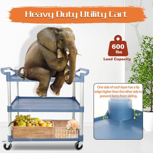 Utility Carts with Wheels Large Size Rolling Cart with Wheels Heavy Duty 600 LBS Food Cart with Lockable Wheels and Hammer for Kitchen/Office/Warehouse, 39.5" D x 19.3" W x 39.5" H(Grey Large Size)